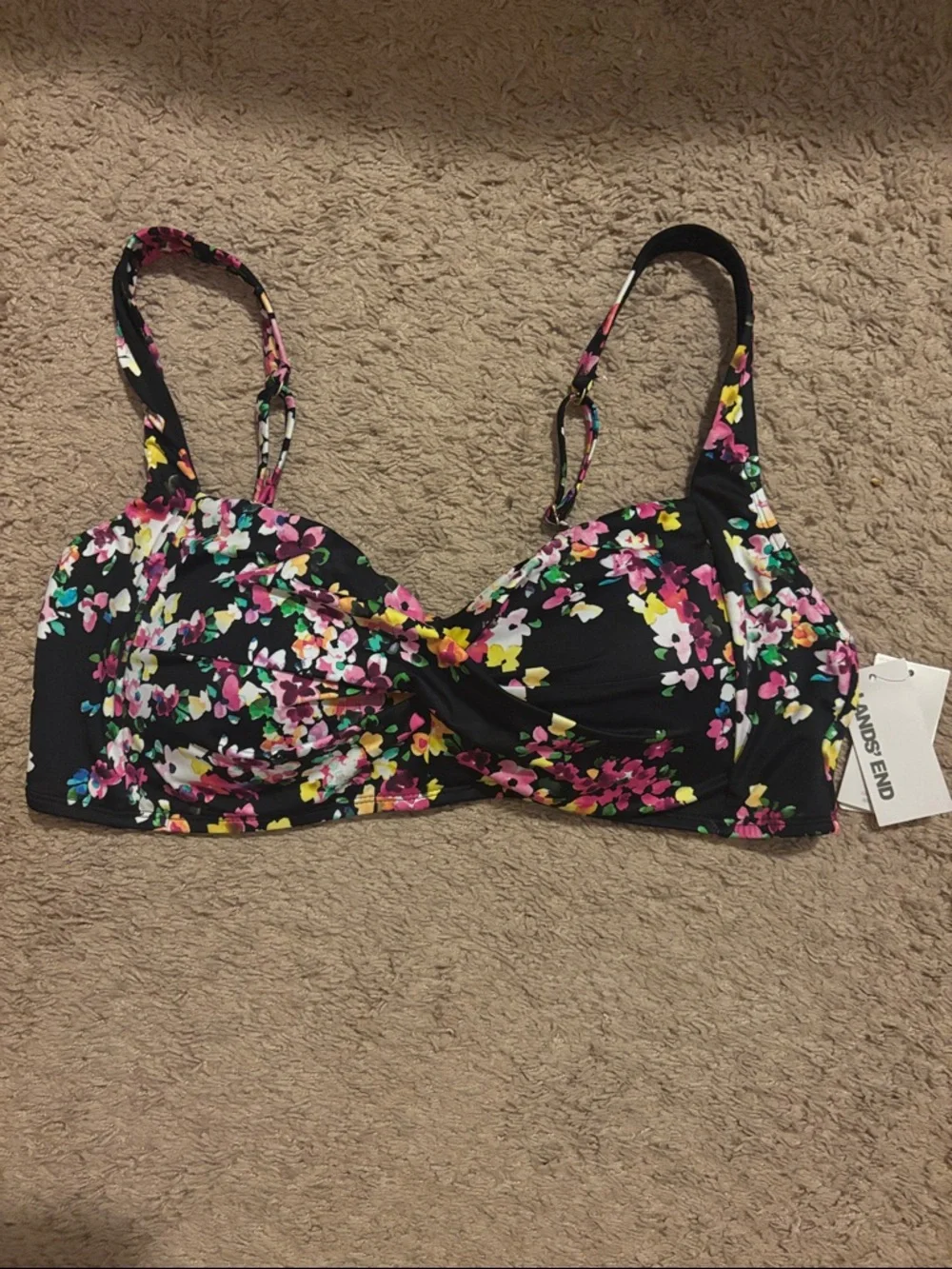 Lands' End Black Floral Bikini Top with Pink Yellow and White Accents - Picture 1 of 2